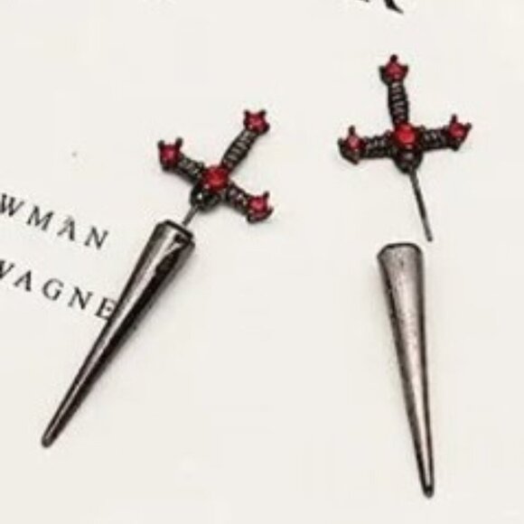 Jewelry - Unisex Gothic Punk Sword Stud Earrings Silver Alloy with Sparkling Red Crystals